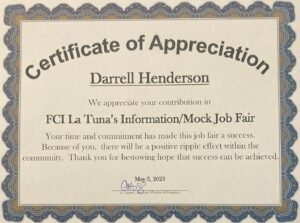 Certificate of Appreciaton to Texas Veterans Commssion Team for helping at job fair.