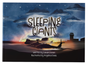 Military Childrens' book Sleeping Giants book cover depicts helicopters asleep under night sky
