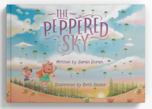 picture of military children's book The Pepperd Sky book cover. Illustration of children looking up a sky peppered with parachutes
